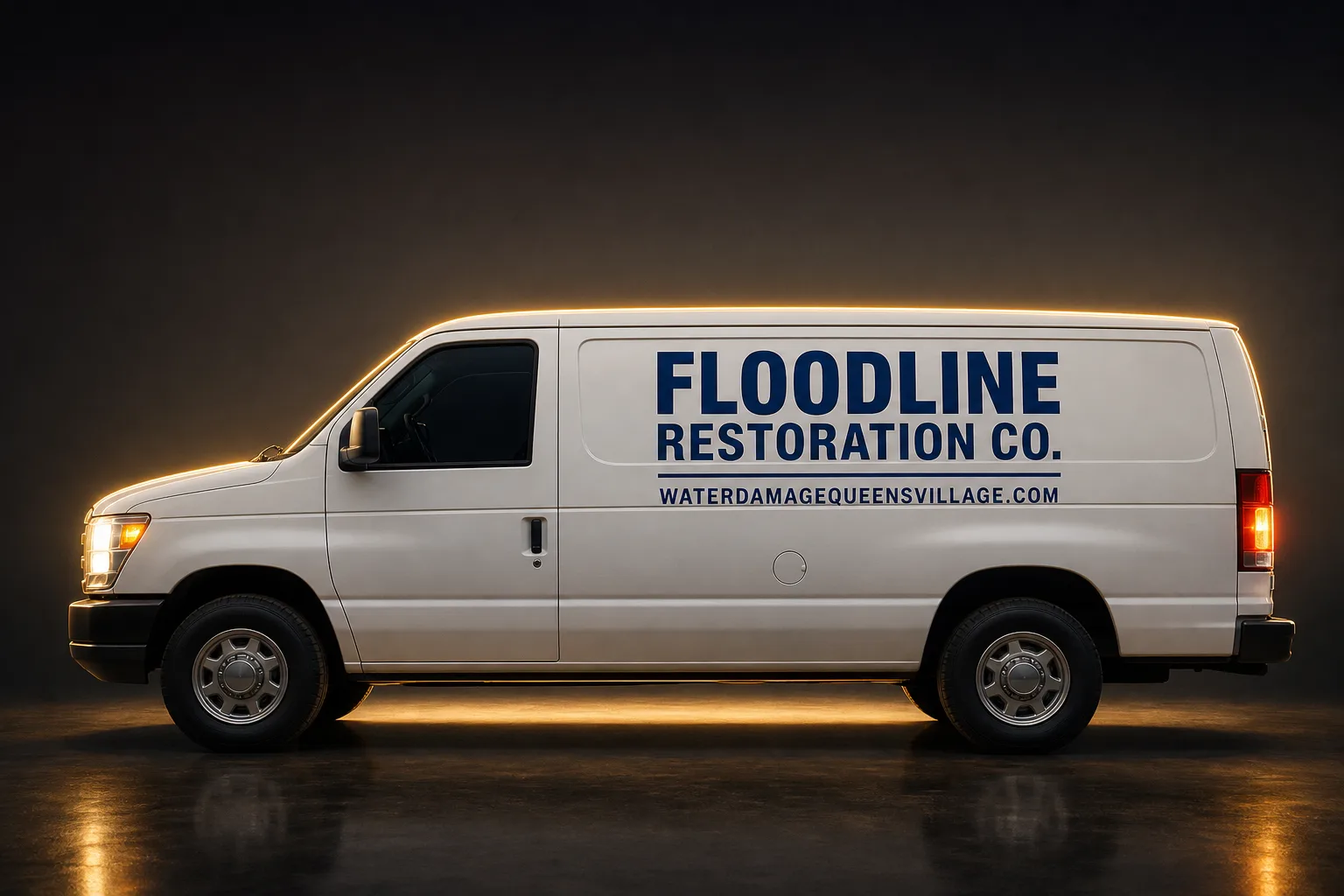 Floodline Restoration Co. damage restoration service vehicle and crew in Queens Village, NY